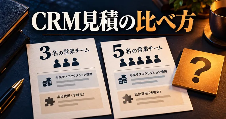 3人と5人のCRM見積で基本料と未確認の追加費用を分ける図